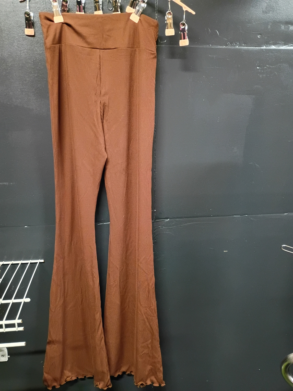 Brown Ribbed High-Waist Flared Pants